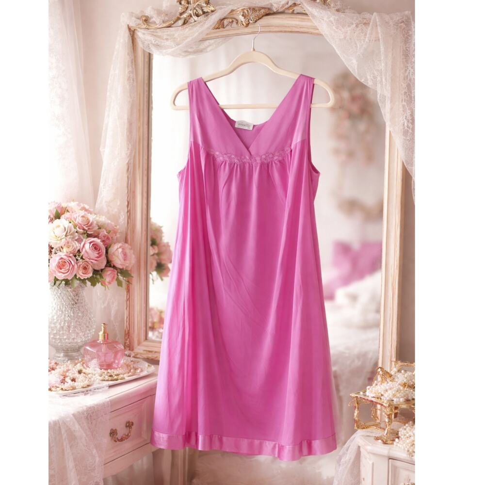 Vintage Vanity Fair Pink Nylon Nightgown Knee Length Slip Dress XL